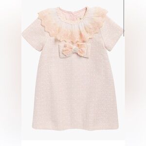 Pink tweed  Dress with Bow and Ruffled Collar